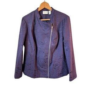 Chico's Womens Moto Jacket sz 1 Medium Eggplant Paisley Full Zip Career Layering